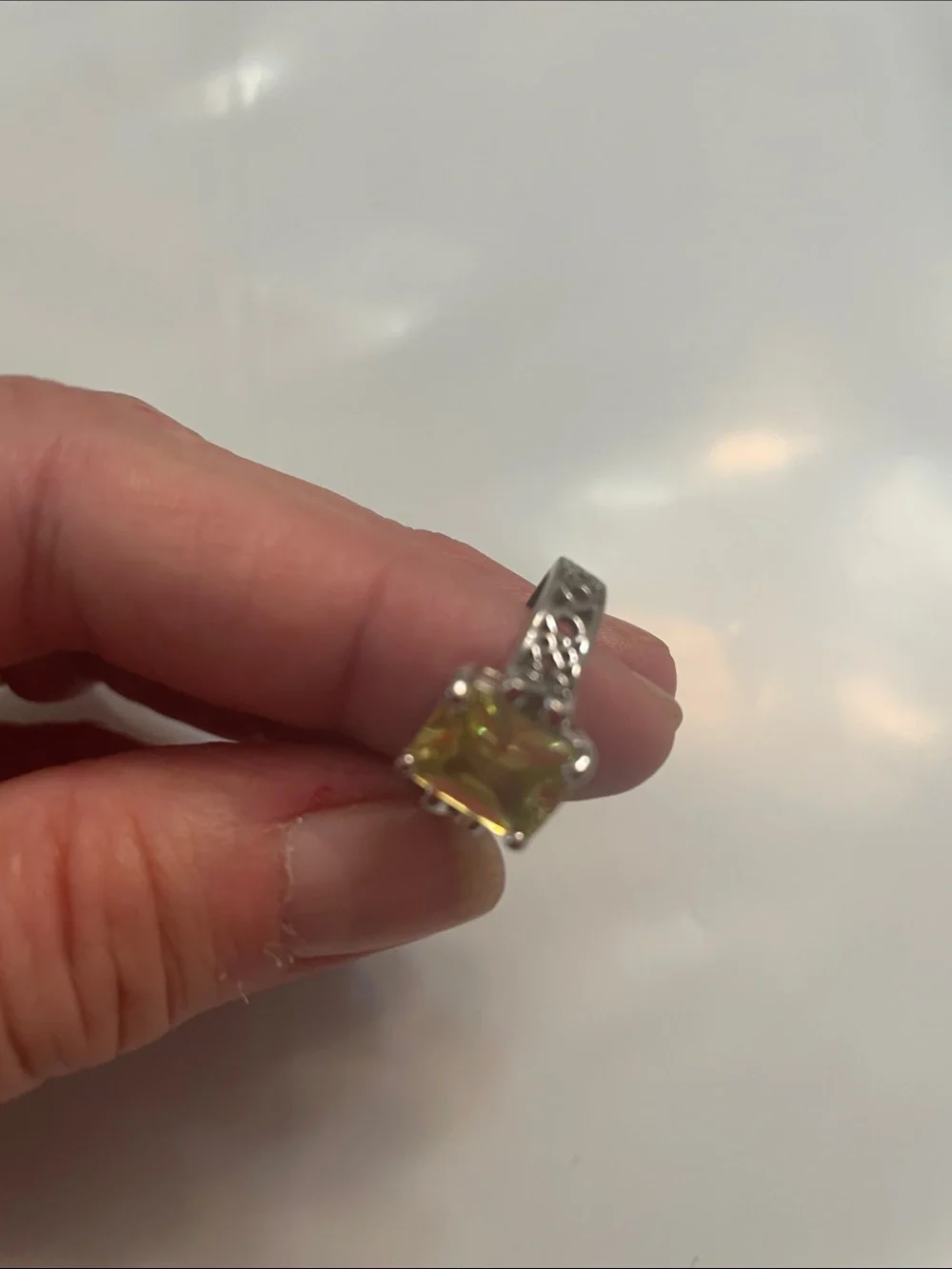 Lia Sophia Silver Ring with Square Lemon-Green Stone